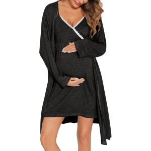 image:imageSWOMOG Womens Maternity Robe 2 Piece Nursing Nightgown for Breastfeeding 3 in 1 Labor Delivery Nursing Dress Lace BathrobeBlack Grey