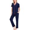 image:imageSWOMOG Women Pajama Sets TwoPiece Nightwear Short Sleeve Sleepwear Button Down Pj Lounge Sets with Long PantsNavy Blue
