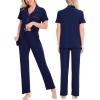 image:imageSWOMOG Women Pajama Sets TwoPiece Nightwear Short Sleeve Sleepwear Button Down Pj Lounge Sets with Long PantsNavy Blue