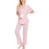 image:imageSWOMOG Women Pajama Sets TwoPiece Nightwear Short Sleeve Sleepwear Button Down Pj Lounge Sets with Long PantsPink Striped