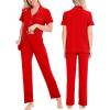image:imageSWOMOG Women Pajama Sets TwoPiece Nightwear Short Sleeve Sleepwear Button Down Pj Lounge Sets with Long PantsRed