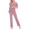 image:imageSWOMOG Women Pajama Sets TwoPiece Nightwear Short Sleeve Sleepwear Button Down Pj Lounge Sets with Long PantsTaro Purple