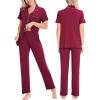 image:imageSWOMOG Women Pajama Sets TwoPiece Nightwear Short Sleeve Sleepwear Button Down Pj Lounge Sets with Long PantsWine Red