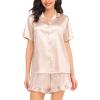 image:imageSWOMOG Womens Silk Satin Pajamas Set Short Sleeve Button Down Sleepwear Ruffle Hem Shorts PJ Sets TwoPiece LoungewearAchampagne