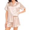 image:imageSWOMOG Womens Silk Satin Pajamas Set Short Sleeve Button Down Sleepwear Ruffle Hem Shorts PJ Sets TwoPiece LoungewearAchampagne
