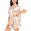 image:imageSWOMOG Womens Silk Satin Pajamas Set Short Sleeve Button Down Sleepwear Ruffle Hem Shorts PJ Sets TwoPiece LoungewearAchampagne
