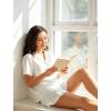 image:imageSWOMOG Womens Silk Satin Pajamas Set Short Sleeve Button Down Sleepwear Ruffle Hem Shorts PJ Sets TwoPiece LoungewearAwhite