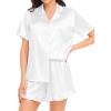 image:imageSWOMOG Womens Silk Satin Pajamas Set Short Sleeve Button Down Sleepwear Ruffle Hem Shorts PJ Sets TwoPiece LoungewearAwhite