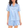 image:imageSWOMOG Womens Silk Satin Pajamas Set Short Sleeve Button Down Sleepwear Ruffle Hem Shorts PJ Sets TwoPiece LoungewearBlue Striped