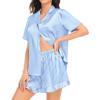 image:imageSWOMOG Womens Silk Satin Pajamas Set Short Sleeve Button Down Sleepwear Ruffle Hem Shorts PJ Sets TwoPiece LoungewearBlue Striped