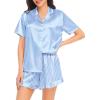 image:imageSWOMOG Womens Silk Satin Pajamas Set Short Sleeve Button Down Sleepwear Ruffle Hem Shorts PJ Sets TwoPiece LoungewearBlue Striped