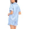 image:imageSWOMOG Womens Silk Satin Pajamas Set Short Sleeve Button Down Sleepwear Ruffle Hem Shorts PJ Sets TwoPiece LoungewearBlue Striped