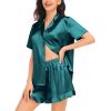 image:imageSWOMOG Womens Silk Satin Pajamas Set Short Sleeve Button Down Sleepwear Ruffle Hem Shorts PJ Sets TwoPiece LoungewearGreen