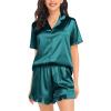 image:imageSWOMOG Womens Silk Satin Pajamas Set Short Sleeve Button Down Sleepwear Ruffle Hem Shorts PJ Sets TwoPiece LoungewearGreen