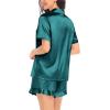 image:imageSWOMOG Womens Silk Satin Pajamas Set Short Sleeve Button Down Sleepwear Ruffle Hem Shorts PJ Sets TwoPiece LoungewearGreen
