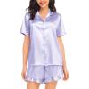image:imageSWOMOG Womens Silk Satin Pajamas Set Short Sleeve Button Down Sleepwear Ruffle Hem Shorts PJ Sets TwoPiece LoungewearLavender