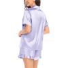 image:imageSWOMOG Womens Silk Satin Pajamas Set Short Sleeve Button Down Sleepwear Ruffle Hem Shorts PJ Sets TwoPiece LoungewearLavender
