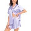 image:imageSWOMOG Womens Silk Satin Pajamas Set Short Sleeve Button Down Sleepwear Ruffle Hem Shorts PJ Sets TwoPiece LoungewearLavender