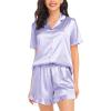 image:imageSWOMOG Womens Silk Satin Pajamas Set Short Sleeve Button Down Sleepwear Ruffle Hem Shorts PJ Sets TwoPiece LoungewearLavender