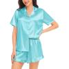 image:imageSWOMOG Womens Silk Satin Pajamas Set Short Sleeve Button Down Sleepwear Ruffle Hem Shorts PJ Sets TwoPiece LoungewearLight Blue