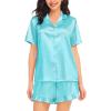 image:imageSWOMOG Womens Silk Satin Pajamas Set Short Sleeve Button Down Sleepwear Ruffle Hem Shorts PJ Sets TwoPiece LoungewearLight Blue