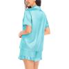 image:imageSWOMOG Womens Silk Satin Pajamas Set Short Sleeve Button Down Sleepwear Ruffle Hem Shorts PJ Sets TwoPiece LoungewearLight Blue