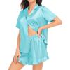 image:imageSWOMOG Womens Silk Satin Pajamas Set Short Sleeve Button Down Sleepwear Ruffle Hem Shorts PJ Sets TwoPiece LoungewearLight Blue