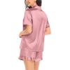 image:imageSWOMOG Womens Silk Satin Pajamas Set Short Sleeve Button Down Sleepwear Ruffle Hem Shorts PJ Sets TwoPiece LoungewearMisty Rose