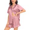 image:imageSWOMOG Womens Silk Satin Pajamas Set Short Sleeve Button Down Sleepwear Ruffle Hem Shorts PJ Sets TwoPiece LoungewearMisty Rose