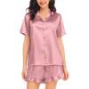 image:imageSWOMOG Womens Silk Satin Pajamas Set Short Sleeve Button Down Sleepwear Ruffle Hem Shorts PJ Sets TwoPiece LoungewearMisty Rose