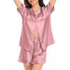 image:imageSWOMOG Womens Silk Satin Pajamas Set Short Sleeve Button Down Sleepwear Ruffle Hem Shorts PJ Sets TwoPiece LoungewearMisty Rose