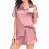 image:imageSWOMOG Womens Silk Satin Pajamas Set Short Sleeve Button Down Sleepwear Ruffle Hem Shorts PJ Sets TwoPiece LoungewearMisty Rose