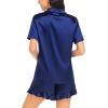 image:imageSWOMOG Womens Silk Satin Pajamas Set Short Sleeve Button Down Sleepwear Ruffle Hem Shorts PJ Sets TwoPiece LoungewearNavy Blue