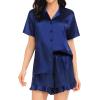 image:imageSWOMOG Womens Silk Satin Pajamas Set Short Sleeve Button Down Sleepwear Ruffle Hem Shorts PJ Sets TwoPiece LoungewearNavy Blue