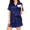 image:imageSWOMOG Womens Silk Satin Pajamas Set Short Sleeve Button Down Sleepwear Ruffle Hem Shorts PJ Sets TwoPiece LoungewearNavy Blue
