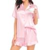 image:imageSWOMOG Womens Silk Satin Pajamas Set Short Sleeve Button Down Sleepwear Ruffle Hem Shorts PJ Sets TwoPiece LoungewearPink