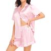 image:imageSWOMOG Womens Silk Satin Pajamas Set Short Sleeve Button Down Sleepwear Ruffle Hem Shorts PJ Sets TwoPiece LoungewearPink