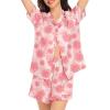 image:imageSWOMOG Womens Silk Satin Pajamas Set Short Sleeve Button Down Sleepwear Ruffle Hem Shorts PJ Sets TwoPiece LoungewearPink Rose Floral