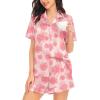 image:imageSWOMOG Womens Silk Satin Pajamas Set Short Sleeve Button Down Sleepwear Ruffle Hem Shorts PJ Sets TwoPiece LoungewearPink Rose Floral