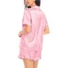 image:imageSWOMOG Womens Silk Satin Pajamas Set Short Sleeve Button Down Sleepwear Ruffle Hem Shorts PJ Sets TwoPiece LoungewearPink Striped
