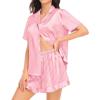 image:imageSWOMOG Womens Silk Satin Pajamas Set Short Sleeve Button Down Sleepwear Ruffle Hem Shorts PJ Sets TwoPiece LoungewearPink Striped