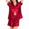 image:imageSWOMOG Womens Silk Satin Pajamas Set Short Sleeve Button Down Sleepwear Ruffle Hem Shorts PJ Sets TwoPiece LoungewearRed1