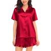 image:imageSWOMOG Womens Silk Satin Pajamas Set Short Sleeve Button Down Sleepwear Ruffle Hem Shorts PJ Sets TwoPiece LoungewearRed1