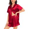 image:imageSWOMOG Womens Silk Satin Pajamas Set Short Sleeve Button Down Sleepwear Ruffle Hem Shorts PJ Sets TwoPiece LoungewearRed1