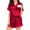 image:imageSWOMOG Womens Silk Satin Pajamas Set Short Sleeve Button Down Sleepwear Ruffle Hem Shorts PJ Sets TwoPiece LoungewearRed1