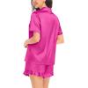 image:imageSWOMOG Womens Silk Satin Pajamas Set Short Sleeve Button Down Sleepwear Ruffle Hem Shorts PJ Sets TwoPiece LoungewearRose Red