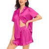 image:imageSWOMOG Womens Silk Satin Pajamas Set Short Sleeve Button Down Sleepwear Ruffle Hem Shorts PJ Sets TwoPiece LoungewearRose Red