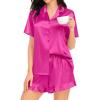 image:imageSWOMOG Womens Silk Satin Pajamas Set Short Sleeve Button Down Sleepwear Ruffle Hem Shorts PJ Sets TwoPiece LoungewearRose Red