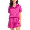 image:imageSWOMOG Womens Silk Satin Pajamas Set Short Sleeve Button Down Sleepwear Ruffle Hem Shorts PJ Sets TwoPiece LoungewearRose Red