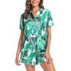 image:imageSWOMOG Womens Silk Satin Pajamas Set Short Sleeve Button Down Sleepwear Ruffle Hem Shorts PJ Sets TwoPiece LoungewearWhite Leaves
